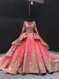Pink Long Sleeve Prom Dress Gold Sequins Ball Gown Quinceanera Dresses SED386