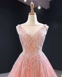 Luxurious Pink Long Prom Dress Sweep Train Ball Gown Quinceanera Dresses SED384