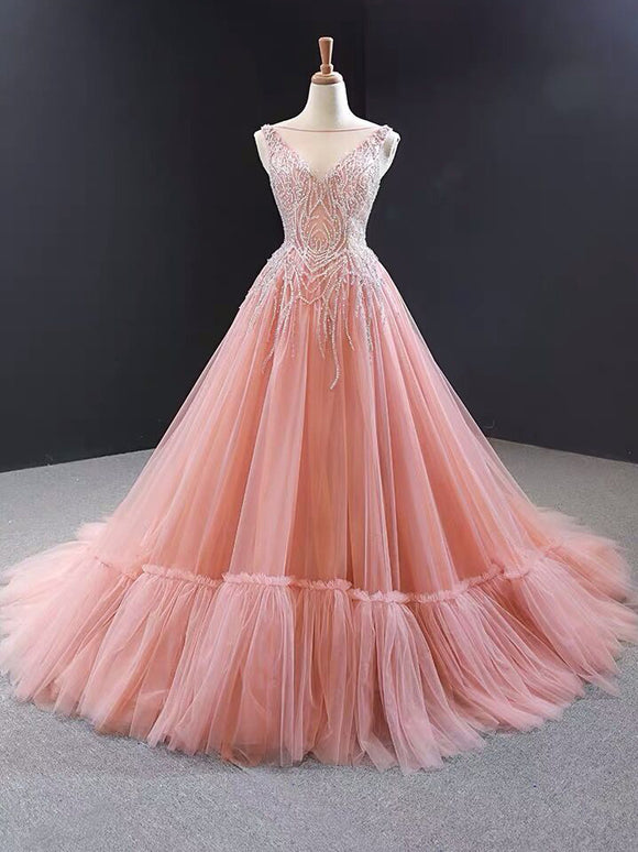 Luxurious Pink Long Prom Dress Sweep Train Ball Gown Quinceanera Dresses SED384