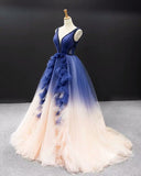 A-line V neck Ombre Long Prom Dress Tulle Quinceanera Dresses SED383