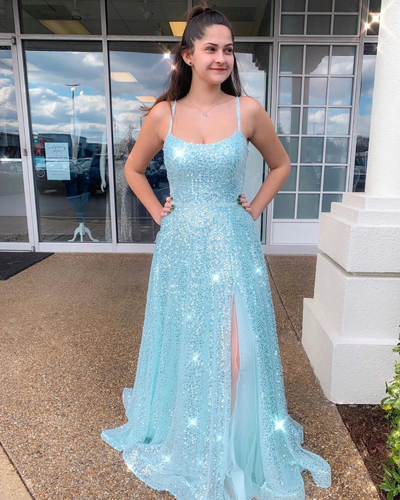 Spaghetti Straps Mint Prom Dress Tulle Sparkly Formal Dress with Slit SED556|Selinadress