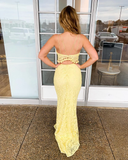 Two Piece Spaghetti Straps Exquisite Lace Yellow Mermaid Prom Dress SED557|Selinadress