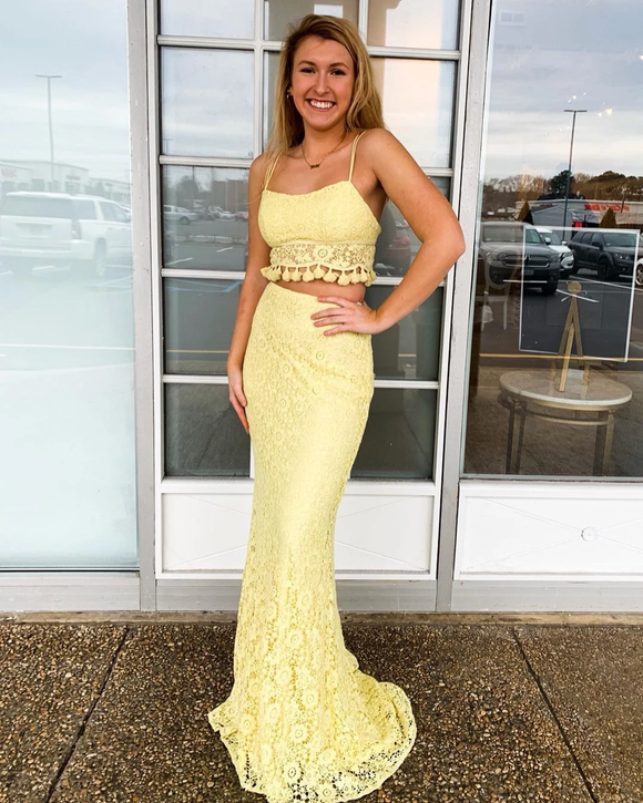 Two Piece Spaghetti Straps Exquisite Lace Yellow Mermaid Prom Dress SED557|Selinadress