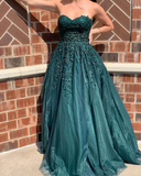 Dark Green Sweetheart Appliques Prom Dress Beaded Ball Gowns Long Evening Dress SED558|Selinadress
