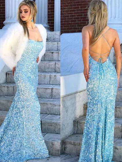 Mermaid Prom Dresses Open Back Sequins Lace Blue Long Prom Dress SED559|Selinadress