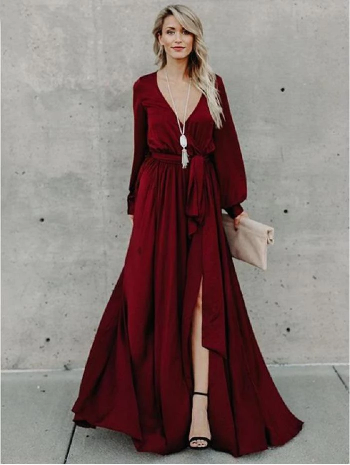 A-line Burgundy Long Prom Dresses Long Sleeve Simple Cheap Prom Dress – SELINADRESS A-line Burgundy Long Prom Dresses Long Sleeve Simple Cheap Prom Dress – SELINADRESS
