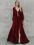 A-line Burgundy Long Prom Dresses Long Sleeve Simple Cheap Prom Dress SED561|Selinadress