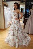 A Line 3D Flowers Long Prom Dresses Strapless Beautiful Floral Lace Prom Dress SED562|Selinadress