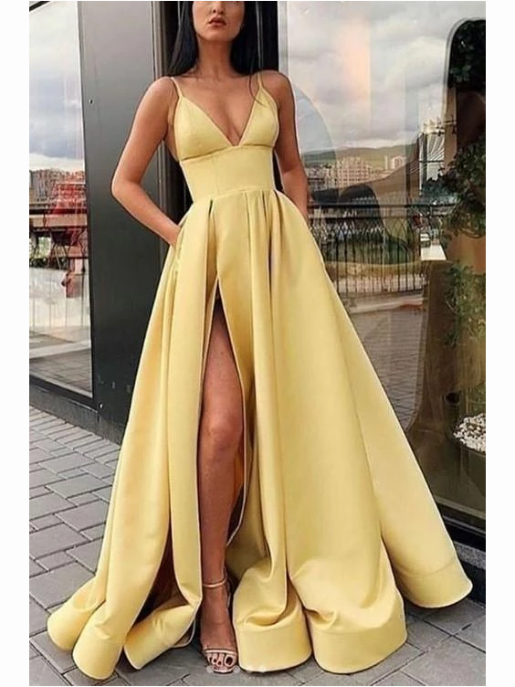 Spaghetti Straps Yellow Beautiful Long Prom Dress with Pockets SED412|Selinadress
