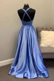 A-line V neck Satin Unique Long Prom Dresses Evening Gowns SED414|Selinadress
