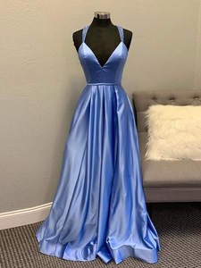 A-line V neck Satin Unique Long Prom Dresses Evening Gowns SED414|Selinadress