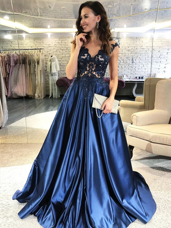 A-line V neck Lace Navy Blue Long Prom Dresses Cheap Evening Gowns SED423|Selinadress
