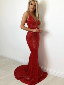 Spaghetti Straps Burgundy Sexy Long Prom Dresses Mermaid Sparkly Evening Gowns SED419|Selinadress