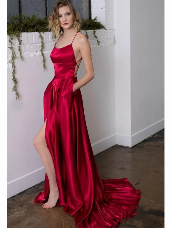 A-line Spaghetti Straps Sexy Long Prom Dresses Satin Evening Gowns SED421|Selinadress