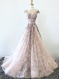 Cap Sleeve Bateau Neckline Pink Lace Beaded Long Prom Dresses Formal Gowns SED428|Selinadress