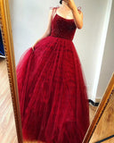 Burgundy Spaghetti Straps Beaded Long Prom Dresses Formal Evening Gowns SED431|Selinadress