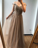A-line Off-the-shoulder Beaded Long Prom Dresses Brown Evening Gowns SED432|Selinadress
