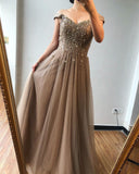 A-line Off-the-shoulder Beaded Long Prom Dresses Brown Evening Gowns SED432|Selinadress
