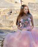A-line Sweetheart Pink Long Prom Dresses With Floral Beautiful Evening Gowns SED433|Selinadress