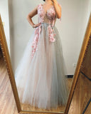 A-line V neck Beaded Pink Long Prom Dresses With Floral Beautiful Evening Gowns SED434|Selinadress