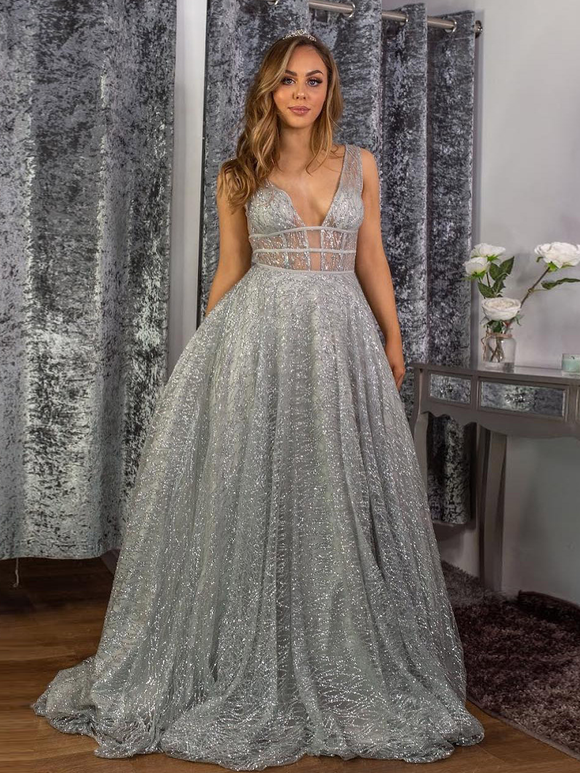 Stunning A-line V neck Sparkly Tulle Evening Dress Silver Prom Dress SED448|Selinadress
