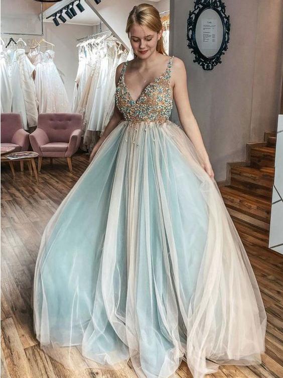 A-line V neck Beaded Tulle Evening Dress Senior Prom Dress SED447|Selinadress