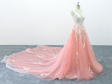A-line V neck Peach Pink Tulle Lace Wedding Dress, Cathedral Train Formal Halter Prom Dress SEW043|Selinadress