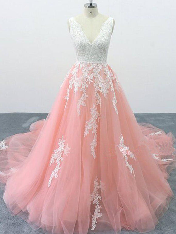 A-line V neck Peach Pink Tulle Lace Wedding Dress, Cathedral Train Formal Halter Prom Dress SEW043|Selinadress