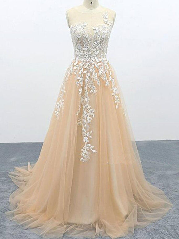 Light Champagne Tulle Lace Sweep Train Evening Dress Senior Prom Dress SED446|Selinadress