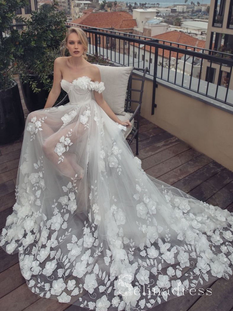 A Line 3D Flower Floral Lace See Through Sweetheart Neck Wedding Dress SELINADRESS A Line 3D Flower Floral Lace See Through Sweetheart Neck Wedding Dress SELINADRESS