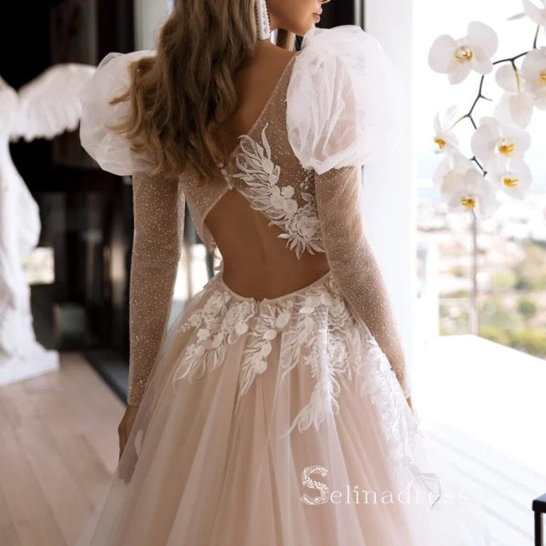 A-line Appliques Wedding Dress Sweetheart Long Sleeve Illusion Backles SELINADRESS A-line Appliques Wedding Dress Sweetheart Long Sleeve Illusion Backles SELINADRESS
