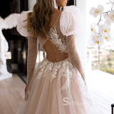 A-line Appliques Wedding Dress Sweetheart Long Sleeve Illusion Backless Wedding Gowns CBD494|Selinadress