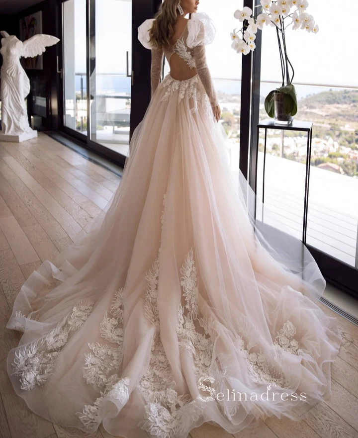 A-line Appliques Wedding Dress Sweetheart Long Sleeve Illusion Backles SELINADRESS A-line Appliques Wedding Dress Sweetheart Long Sleeve Illusion Backles SELINADRESS
