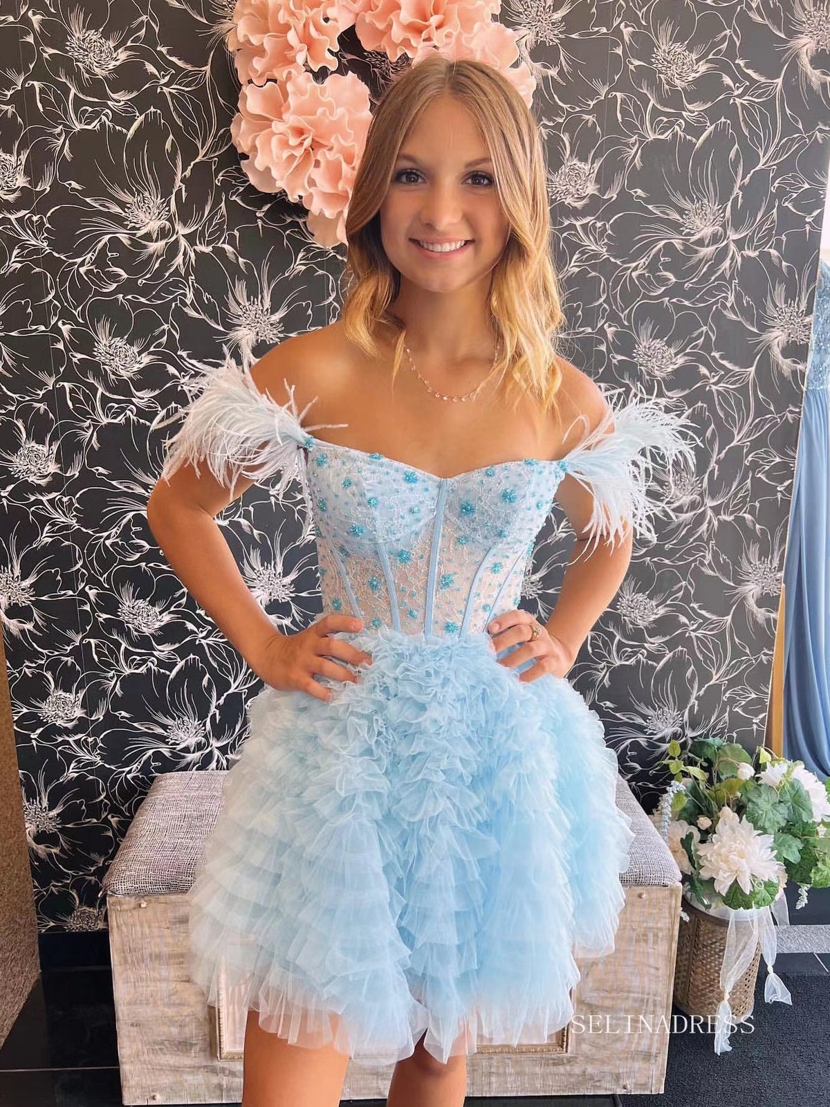 A-line Baby Blue Ruffles Homecoming Dresses 2022 Off-the-shoulder Grad SELINADRESS A-line Baby Blue Ruffles Homecoming Dresses 2022 Off-the-shoulder Grad SELINADRESS