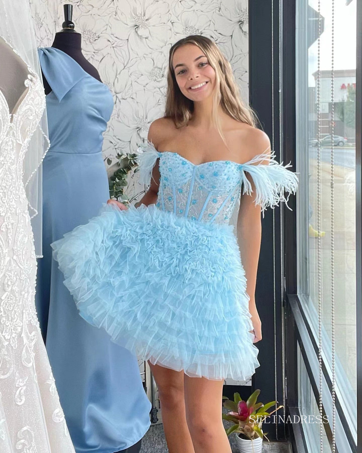 A-line Baby Blue Ruffles Homecoming Dresses 2022 Off-the-shoulder Grad SELINADRESS A-line Baby Blue Ruffles Homecoming Dresses 2022 Off-the-shoulder Grad SELINADRESS