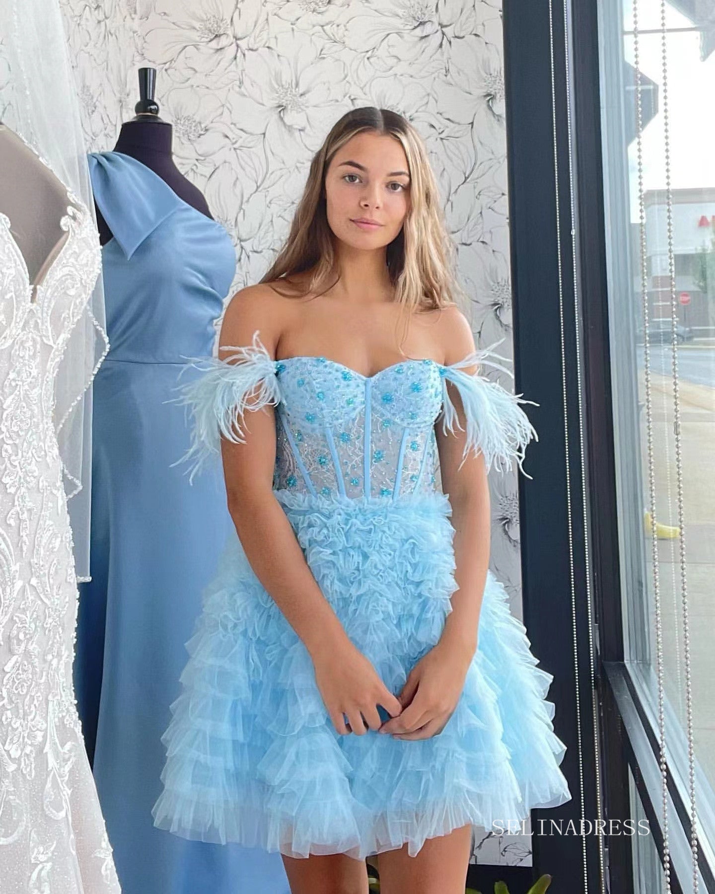 A-line Baby Blue Ruffles Homecoming Dresses 2022 Off-the-shoulder Grad SELINADRESS A-line Baby Blue Ruffles Homecoming Dresses 2022 Off-the-shoulder Grad SELINADRESS