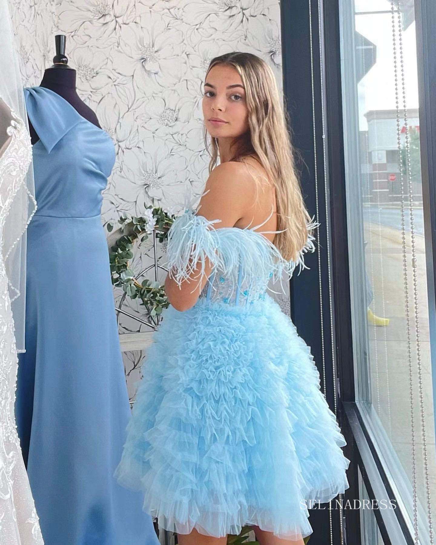 A-line Baby Blue Ruffles Homecoming Dresses 2022 Off-the-shoulder Grad SELINADRESS A-line Baby Blue Ruffles Homecoming Dresses 2022 Off-the-shoulder Grad SELINADRESS