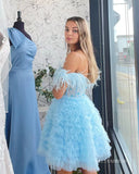 A-line Baby Blue Ruffles Homecoming Dresses 2022 Off-the-shoulder Graduation Dresses #TKL003|Selinadress