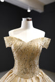 A-line Ball Gowns Sweep Train Gold Wedding Dress Evening Gowns RSM67013|Selinadress