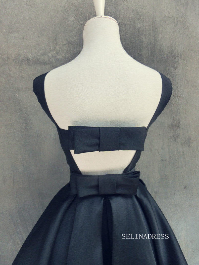 A-line Bateau Black Homecoming Dress With Bow Satin Short Prom Dresses SELINADRESS A-line Bateau Black Homecoming Dress With Bow Satin Short Prom Dresses SELINADRESS