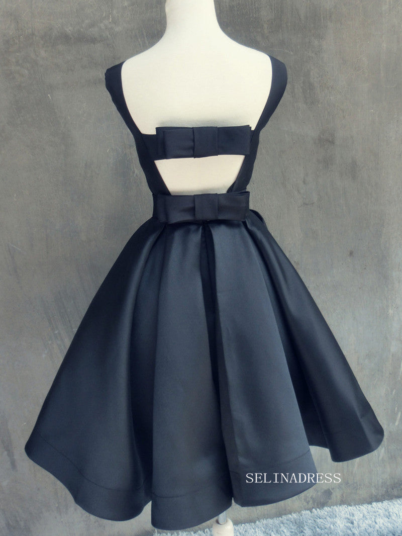 A-line Bateau Black Homecoming Dress With Bow Satin Short Prom Dresses SELINADRESS A-line Bateau Black Homecoming Dress With Bow Satin Short Prom Dresses SELINADRESS