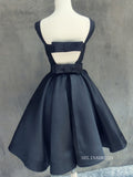 A-line Bateau Black Homecoming Dress With Bow Satin Short Prom Dresses EDS033|Selinadress