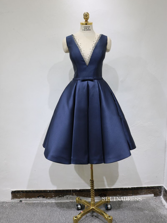 A-line Bateau Blue Short Homecoming Dress Satin Short Prom Dresses EDS037|Selinadress