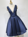 A-line Bateau Blue Short Homecoming Dress Satin Short Prom Dresses EDS037|Selinadress