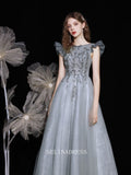 A-line Bateau Gray Long Prom Dress Beaded Bridal Dresses Cheap Evening Dress OSTY011|Selinadress