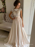 A-line Bateau Lace Long Prom Dresses Cap Sleeve Evening Gowns CBD580|Selinadress