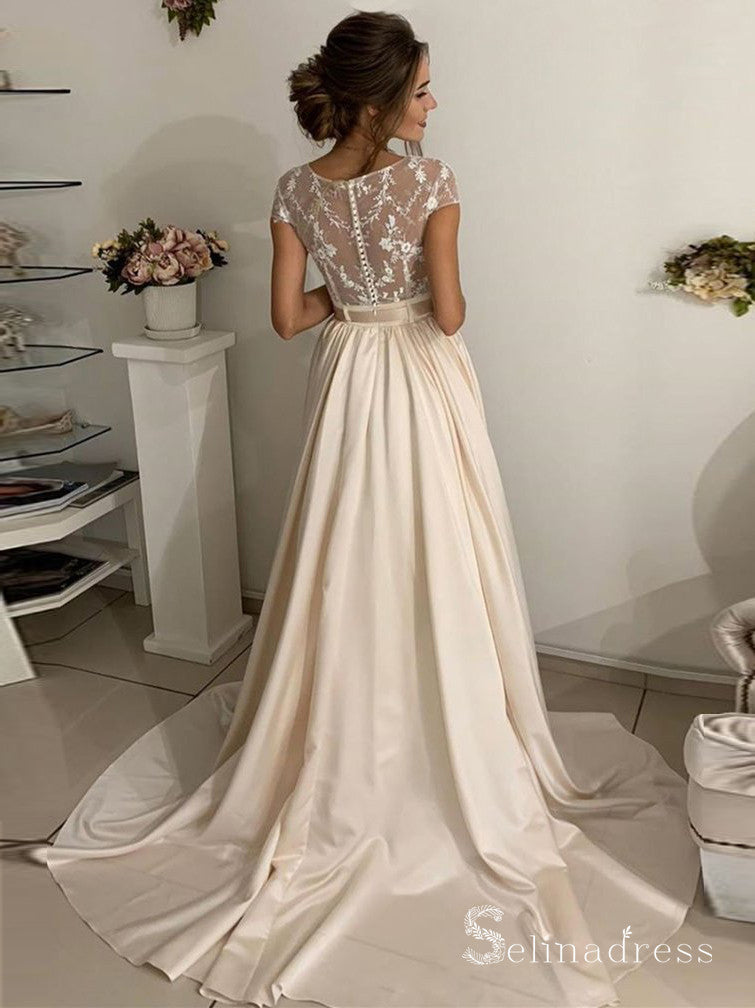 A-line Bateau Lace Long Prom Dresses Cap Sleeve Evening Gowns CBD580 SELINADRESS A-line Bateau Lace Long Prom Dresses Cap Sleeve Evening Gowns CBD580 SELINADRESS