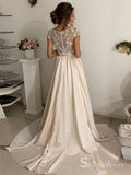 A-line Bateau Lace Long Prom Dresses Cap Sleeve Evening Gowns CBD580|Selinadress