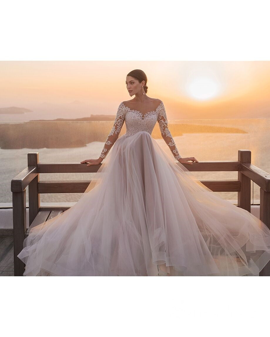 A-line Bateau Long Sleeve Lace Illusion Wedding Dresses CBD081 A-line Bateau Long Sleeve Lace Illusion Wedding Dresses CBD081