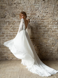 A-line Bateau Long Sleeve Rustic Wedding Dresses Lace Boho Lace Bridal Gowns MHL2802|Selinadress